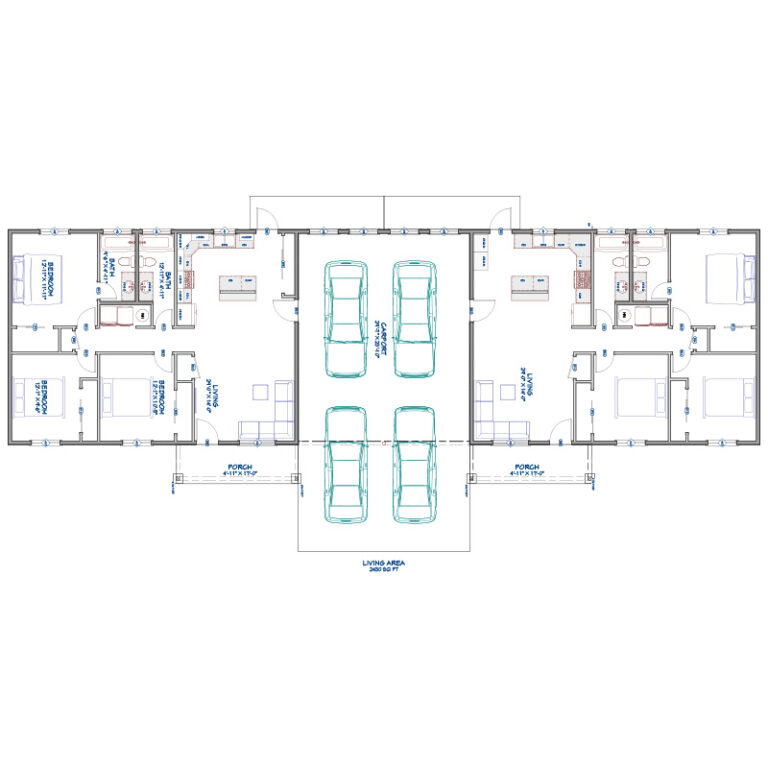 Floorplan of 511 duplex apartments in Williams Arizona showing two 3-bedroom 2-bathroom units with carports