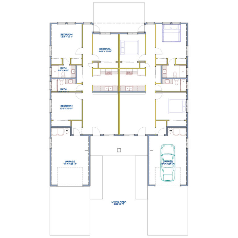 Floor plan layout of duplex apartments in Williams, Arizona, showing 3 bedrooms, 2 bathrooms, and attached garages